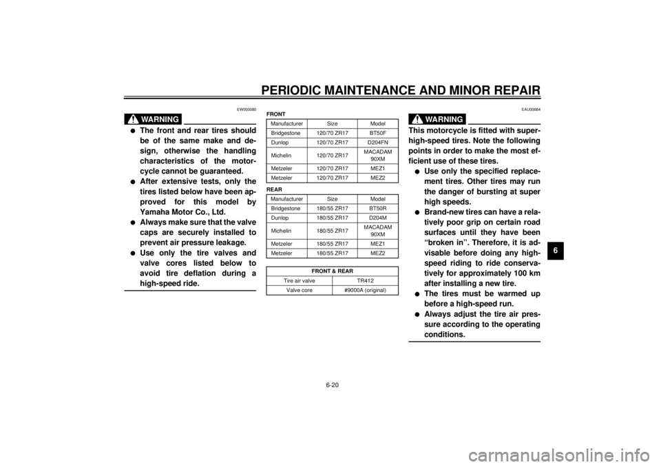 YAMAHA YZF1000 2021 Owners Manual PERIODIC MAINTENANCE AND MINOR REPAIR
6-20
6
EW000080
WARNING
_ l
The front and rear tires should
be of the same make and de-
sign, otherwise the handling
characteristics of the motor-
cycle cannot be YAMAHA YZF1000 2021 Owners Manual PERIODIC MAINTENANCE AND MINOR REPAIR
6-20
6
EW000080
WARNING
_ l
The front and rear tires should
be of the same make and de-
sign, otherwise the handling
characteristics of the motor-
cycle cannot be