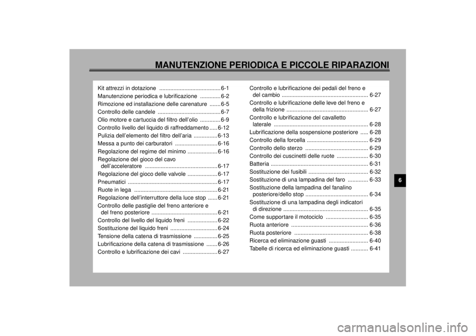 YAMAHA YZF1000 2021 Manuale duso (in Italian) MANUTENZIONE PERIODICA E PICCOLE RIPARAZIONI
6
Kit attrezzi in dotazione ....................................... 6-1
Manutenzione periodica e lubrificazione ............. 6-2
Rimozione ed installazi YAMAHA YZF1000 2021 Manuale duso (in Italian) MANUTENZIONE PERIODICA E PICCOLE RIPARAZIONI
6
Kit attrezzi in dotazione ....................................... 6-1
Manutenzione periodica e lubrificazione ............. 6-2
Rimozione ed installazi