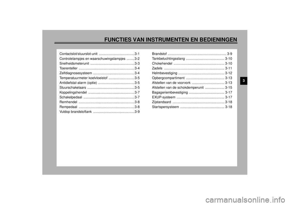 YAMAHA YZF1000 2021 Instructieboekje (in Dutch) FUNCTIES VAN INSTRUMENTEN EN BEDIENINGEN
3
Contactslot/stuurslot-unit ..................................... 3-1
Controlelampjes en waarschuwingslampjes ........ 3-2
Snelheidsmeterunit ............... YAMAHA YZF1000 2021 Instructieboekje (in Dutch) FUNCTIES VAN INSTRUMENTEN EN BEDIENINGEN
3
Contactslot/stuurslot-unit ..................................... 3-1
Controlelampjes en waarschuwingslampjes ........ 3-2
Snelheidsmeterunit ...............