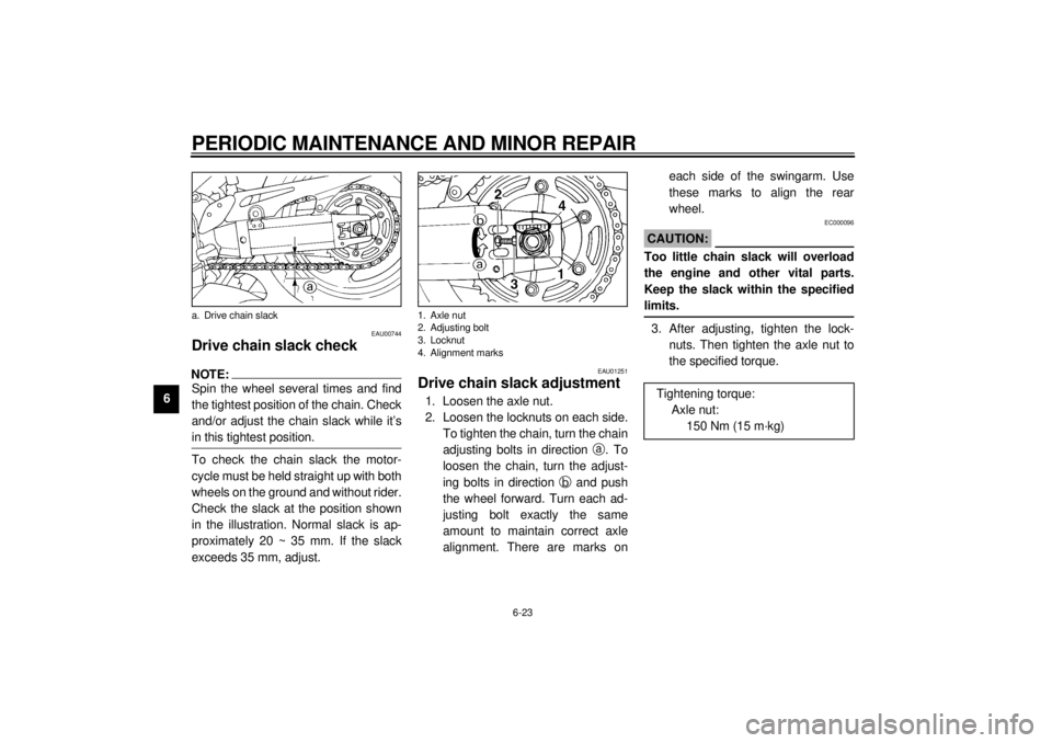YAMAHA YZF1000 2000 Manual PDF PERIODIC MAINTENANCE AND MINOR REPAIR
6-23
6
EAU00744
Drive chain slack checkNOTE:@ Spin the wheel several times and find
the tightest position of the chain. Check
and/or adjust the chain slack while YAMAHA YZF1000 2000 Manual PDF PERIODIC MAINTENANCE AND MINOR REPAIR
6-23
6
EAU00744
Drive chain slack checkNOTE:@ Spin the wheel several times and find
the tightest position of the chain. Check
and/or adjust the chain slack while