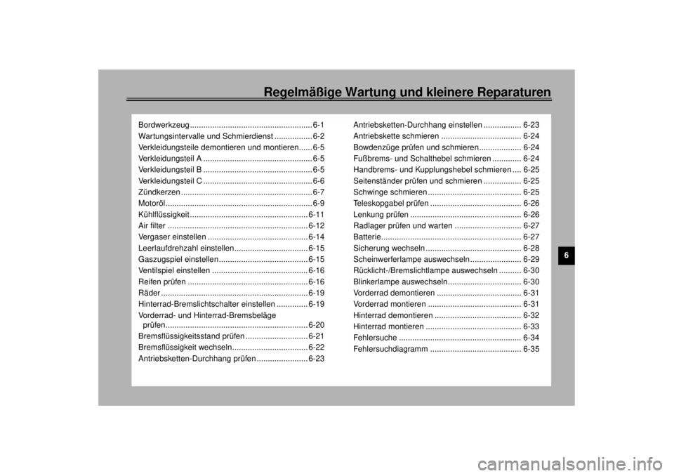 YAMAHA YZF1000 2000  Betriebsanleitungen (in German) Regelmäßige Wartung und kleinere Reparaturen
6
Bordwerkzeug ....................................................... 6-1
Wartungsintervalle und Schmierdienst ................. 6-2
Verkleidungsteile d