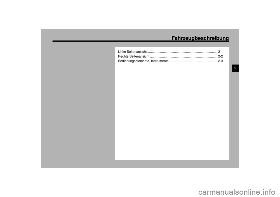 YAMAHA YZF1000 2000  Betriebsanleitungen (in German) Fahrzeugbeschreibung
2
Linke Seitenansicht ............................................................................ 2-1
Rechte Seitenansicht .......................................................