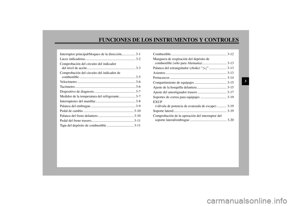 YAMAHA YZF1000 2000  Manuale de Empleo (in Spanish) FUNCIONES DE LOS INSTRUMENTOS Y CONTROLES
3
Interruptor principal/bloqueo de la dirección................ 3-1
Luces indicadoras.......................................................... 3-2
Comprobac