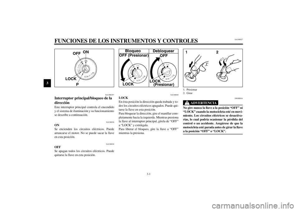 YAMAHA YZF1000 2000  Manuale de Empleo (in Spanish) 3-1
3
SAU00027
3-FUNCIONES DE LOS INSTRUMENTOS Y CONTROLES
SAU00029*
Interruptor principal/bloqueo de la 
direcciónEste interruptor principal controla el encendido
y el sistema de iluminación y su f