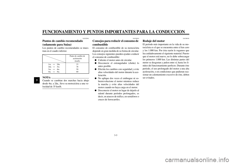 YAMAHA YZF1000 2000  Manuale de Empleo (in Spanish) FUNCIONAMIENTO Y PUNTOS IMPORTANTES PARA LA CONDUCCION
5-5
5
SAU02941
Puntos de cambio recomendado 
(solamente para Suiza)Los puntos de cambio recomendados se mues-
tran en el cuadro inferior.CF-25SNO