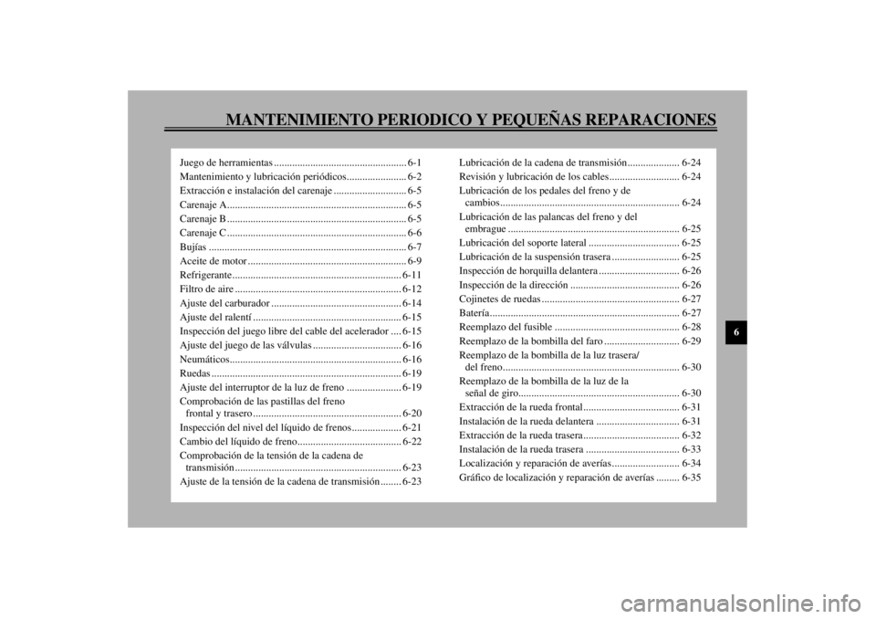 YAMAHA YZF1000 2000 Manuale de Empleo (in Spanish) MANTENIMIENTO PERIODICO Y PEQUEÑAS REPARACIONES
6
Juego de herramientas ................................................... 6-1
Mantenimiento y lubricación periódicos....................... 6-2
Ext YAMAHA YZF1000 2000 Manuale de Empleo (in Spanish) MANTENIMIENTO PERIODICO Y PEQUEÑAS REPARACIONES
6
Juego de herramientas ................................................... 6-1
Mantenimiento y lubricación periódicos....................... 6-2
Ext