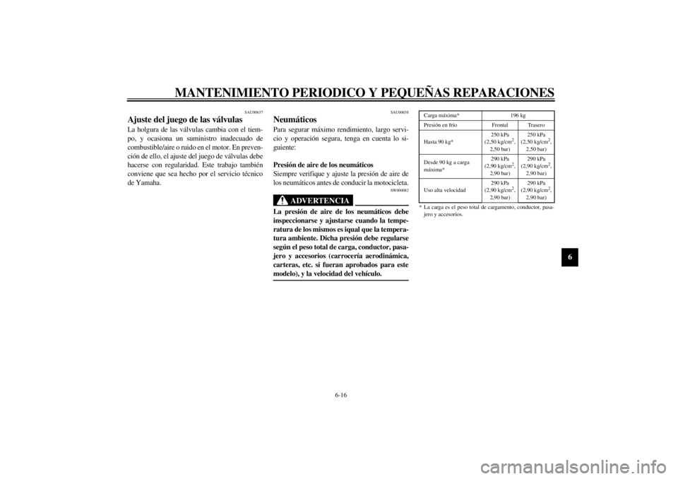 YAMAHA YZF1000 2000  Manuale de Empleo (in Spanish) MANTENIMIENTO PERIODICO Y PEQUEÑAS REPARACIONES
6-16
6
SAU00637
Ajuste del juego de las válvulasLa holgura de las válvulas cambia con el tiem-
po, y ocasiona un suministro inadecuado de
combustible