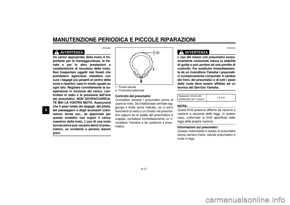 YAMAHA YZF1000 2000  Manuale duso (in Italian) MANUTENZIONE PERIODICA E PICCOLE RIPARAZIONI
6-17
6
HW000083
AVVERTENZA
@ Un carico appropriato della moto, è im-
portante per la maneggevolezza, la fre-
nata e per le altre prestazioni e
caratterist