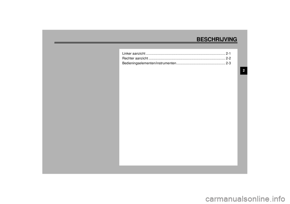 YAMAHA YZF1000 2000  Instructieboekje (in Dutch) BESCHRIJVING
2
Linker aanzicht ................................................................................... 2-1
Rechter aanzicht ................................................................