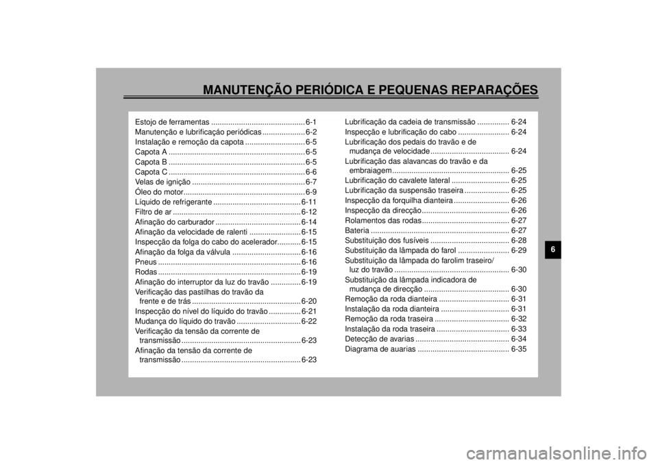 YAMAHA YZF1000 2000 Manual de utilização (in Portuguese) MANUTENÇÃO PERIÓDICA E PEQUENAS REPARAÇÕES
6
Estojo de ferramentas ............................................ 6-1
Manutenção e lubrificaçáo periódicas .................... 6-2
Instalação YAMAHA YZF1000 2000 Manual de utilização (in Portuguese) MANUTENÇÃO PERIÓDICA E PEQUENAS REPARAÇÕES
6
Estojo de ferramentas ............................................ 6-1
Manutenção e lubrificaçáo periódicas .................... 6-2
Instalação