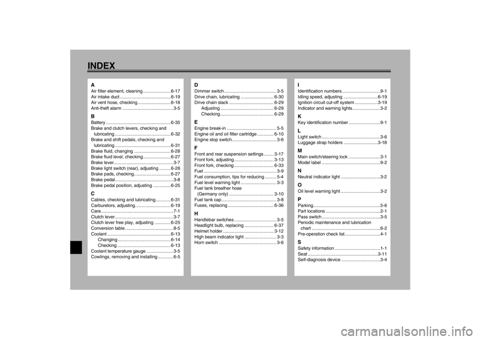 YAMAHA YZF600 2002  Owners Manual INDEXAAir filter element, cleaning ...................... 6-17
Air intake duct ........................................ 6-19
Air vent hose, checking .......................... 6-18
Anti-theft alarm ..