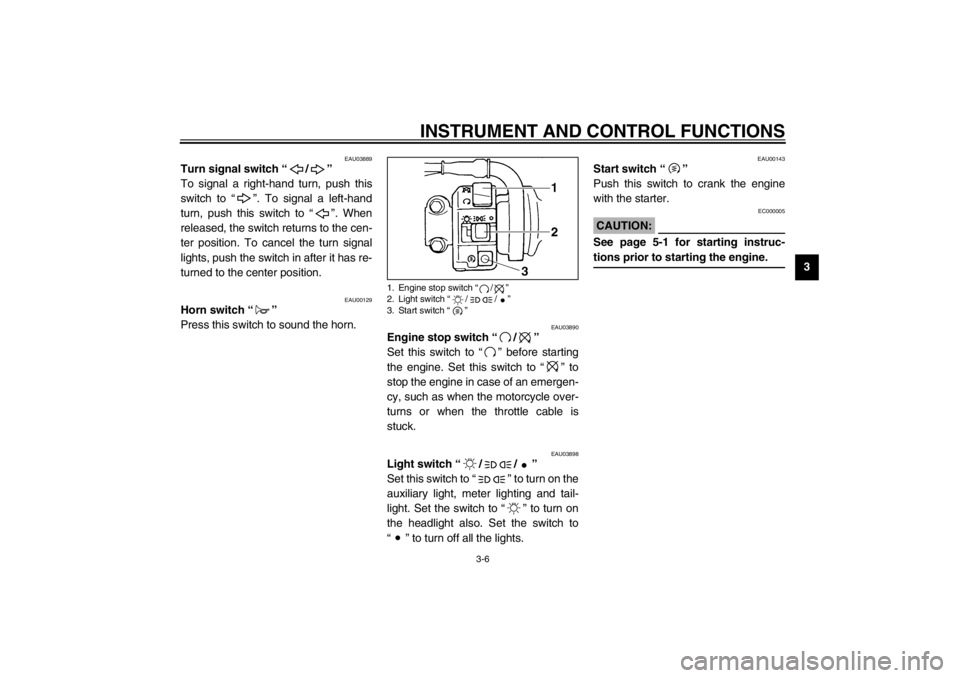 YAMAHA YZF600 2002 Owners Manual INSTRUMENT AND CONTROL FUNCTIONS
3-6
3
EAU03889
Turn signal switch “/” 
To signal a right-hand turn, push this
switch to “”. To signal a left-hand
turn, push this switch to “”. When
releas
