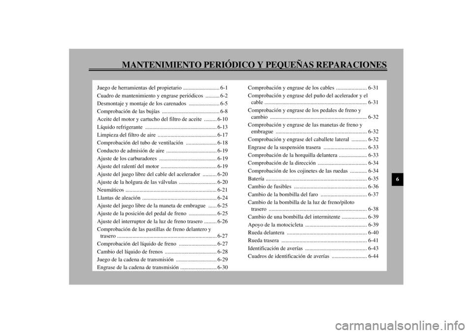 YAMAHA YZF600 2001 Manuale de Empleo (in Spanish) MANTENIMIENTO PERIÓDICO Y PEQUEÑAS REPARACIONES
6
Juego de herramientas del propietario .......................... 6-1
Cuadro de mantenimiento y engrase periódicos .......... 6-2
Desmontaje y mont YAMAHA YZF600 2001 Manuale de Empleo (in Spanish) MANTENIMIENTO PERIÓDICO Y PEQUEÑAS REPARACIONES
6
Juego de herramientas del propietario .......................... 6-1
Cuadro de mantenimiento y engrase periódicos .......... 6-2
Desmontaje y mont