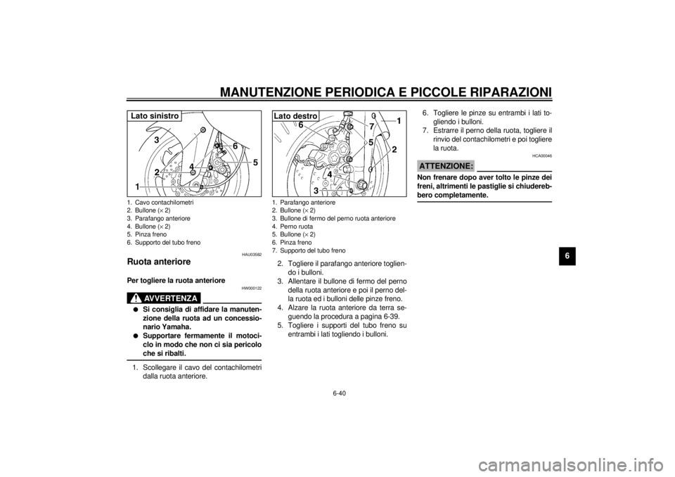 YAMAHA YZF600 2001 Manuale duso (in Italian) MANUTENZIONE PERIODICA E PICCOLE RIPARAZIONI
6-40
6
HAU03582
Ruota anteriore Per togliere la ruota anteriore
HW000122
AVVERTENZA
_ l
Si consiglia di affidare la manuten-
zione della ruota ad un conce YAMAHA YZF600 2001 Manuale duso (in Italian) MANUTENZIONE PERIODICA E PICCOLE RIPARAZIONI
6-40
6
HAU03582
Ruota anteriore Per togliere la ruota anteriore
HW000122
AVVERTENZA
_ l
Si consiglia di affidare la manuten-
zione della ruota ad un conce