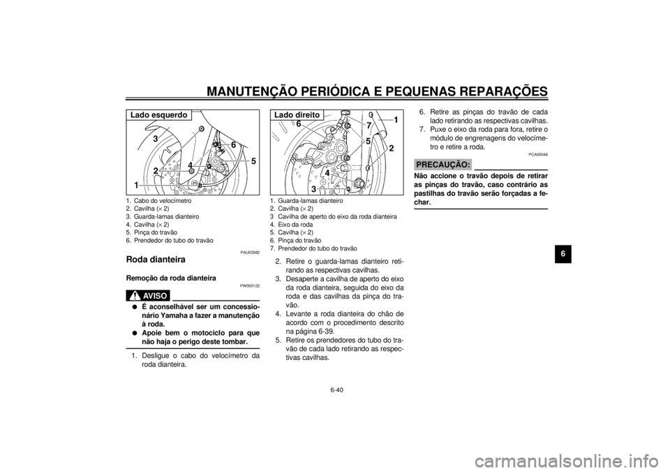 YAMAHA YZF600 2001 Manual de utilização (in Portuguese) MANUTENÇÃO PERIÓDICA E PEQUENAS REPARAÇÕES
6-40
6
PAU03582
Roda dianteira Remoção da roda dianteira
PW000122
AV I S O
_ l
É aconselhável ser um concessio-
nário Yamaha a fazer a manutençã YAMAHA YZF600 2001 Manual de utilização (in Portuguese) MANUTENÇÃO PERIÓDICA E PEQUENAS REPARAÇÕES
6-40
6
PAU03582
Roda dianteira Remoção da roda dianteira
PW000122
AV I S O
_ l
É aconselhável ser um concessio-
nário Yamaha a fazer a manutençã