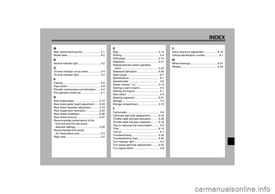 YAMAHA YZF600 2000  Owners Manual INDEX
MMain switch/steering lock ......................... 3-1
Model label .............................................. 9-2NNeutral indicator light ............................... 3-2OOil level indi