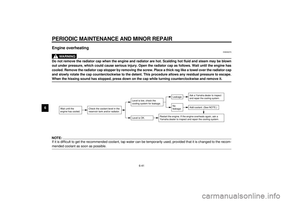 YAMAHA YZF600 2000  Owners Manual PERIODIC MAINTENANCE AND MINOR REPAIR
6-41
6
Engine overheating
EW000070
WARNING
@ Do not remove the radiator cap when the engine and radiator are hot. Scalding hot fluid and steam may be blown
out un