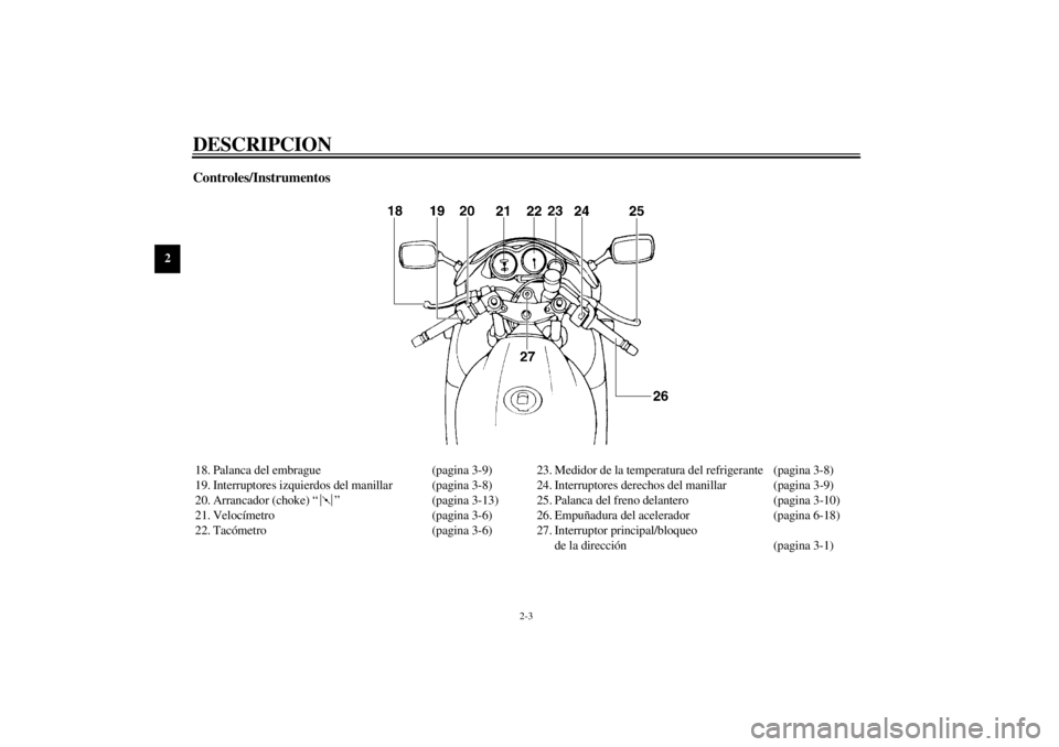 YAMAHA YZF600 2000 Manuale de Empleo (in Spanish) DESCRIPCION
2-3
2
Controles/Instrumentos18. Palanca del embrague (pagina 3-9)
19. Interruptores izquierdos del manillar (pagina 3-8)
20. Arrancador (choke) “ ” (pagina 3-13)
21. Velocímetro (pagi YAMAHA YZF600 2000 Manuale de Empleo (in Spanish) DESCRIPCION
2-3
2
Controles/Instrumentos18. Palanca del embrague (pagina 3-9)
19. Interruptores izquierdos del manillar (pagina 3-8)
20. Arrancador (choke) “ ” (pagina 3-13)
21. Velocímetro (pagi