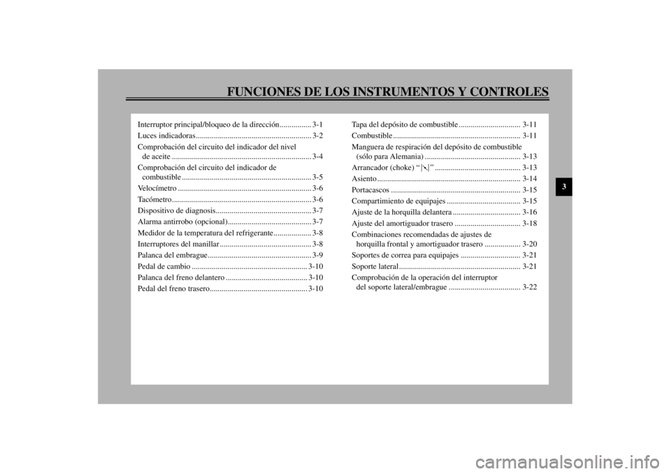 YAMAHA YZF600 2000  Manuale de Empleo (in Spanish) FUNCIONES DE LOS INSTRUMENTOS Y CONTROLES
3
Interruptor principal/bloqueo de la dirección................ 3-1
Luces indicadoras.......................................................... 3-2
Comprobac