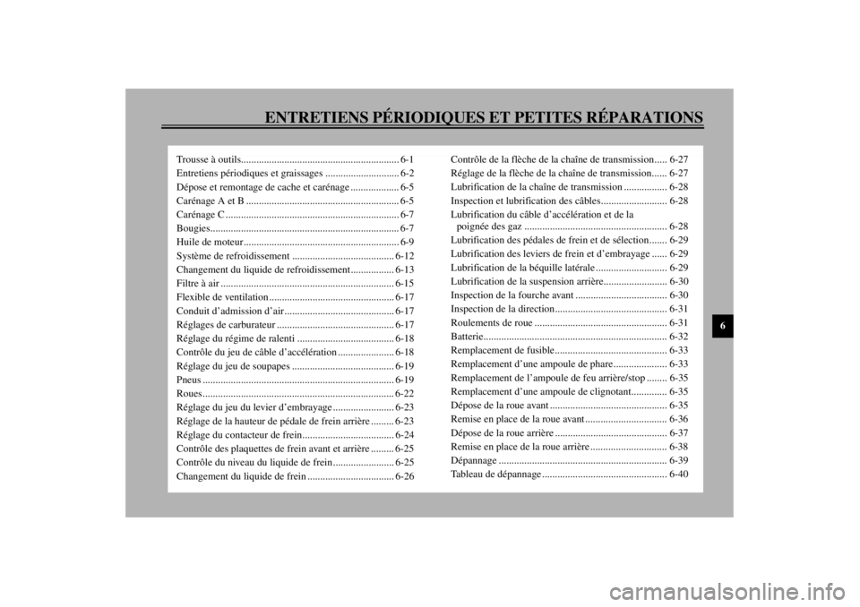 YAMAHA YZF600 2000  Notices Demploi (in French) 6
ENTRETIENS PÉRIODIQUES ET PETITES RÉPARATIONS
Trousse à outils.............................................................. 6-1
Entretiens périodiques et graissages ............................