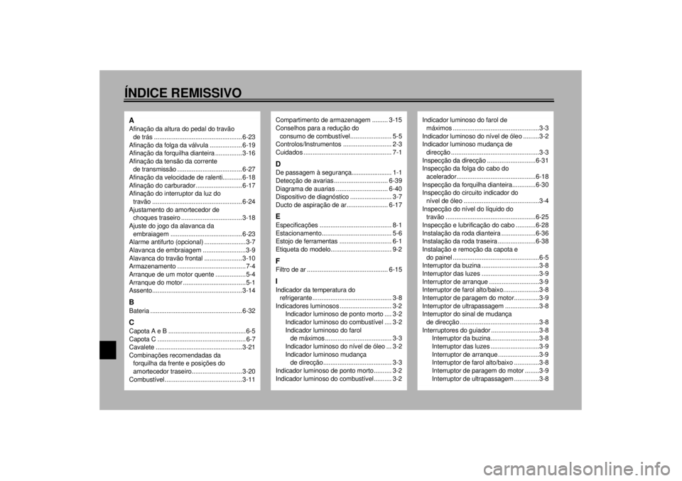 YAMAHA YZF600 2000 Manual de utilização (in Portuguese) 10-ÍNDICE REMISSIVOAAfinação da altura do pedal do travão
de trás ................................................. 6-23
Afinação da folga da válvula .................. 6-19
Afinação da for YAMAHA YZF600 2000 Manual de utilização (in Portuguese) 10-ÍNDICE REMISSIVOAAfinação da altura do pedal do travão
de trás ................................................. 6-23
Afinação da folga da válvula .................. 6-19
Afinação da for