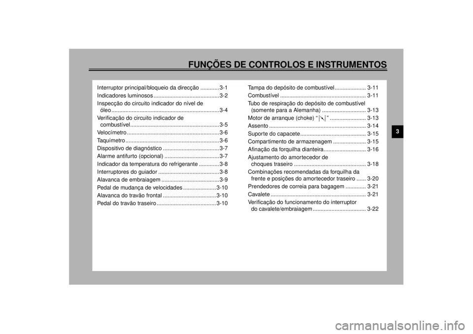 YAMAHA YZF600 2000 Manual de utilização (in Portuguese) FUNÇÕES DE CONTROLOS E INSTRUMENTOS
3
Interruptor principal/bloqueio da direcção ............ 3-1
Indicadores luminosos .......................................... 3-2
Inspecção do circuito indic YAMAHA YZF600 2000 Manual de utilização (in Portuguese) FUNÇÕES DE CONTROLOS E INSTRUMENTOS
3
Interruptor principal/bloqueio da direcção ............ 3-1
Indicadores luminosos .......................................... 3-2
Inspecção do circuito indic