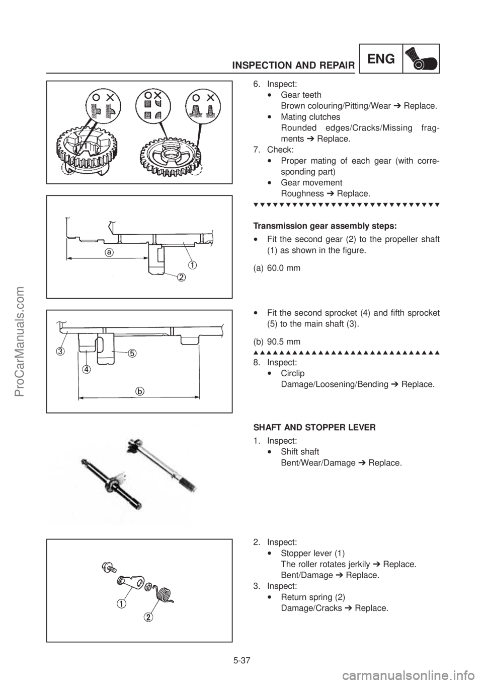 YAMAHA TT600RE 2004  Service Manual ENGINSPECTION AND REPAIR
5-37
6. Inspect:
•Gear teeth  
Brown colouring/Pitting/Wear   ➔Replace. 
•Mating clutches  
Rounded edges/Cracks/Missing frag-
ments   ➔Replace.  
7. Check:
•Proper 