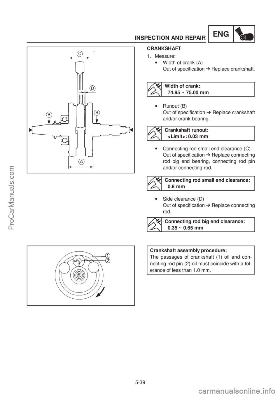 YAMAHA TT600RE 2004 Service Manual ENGINSPECTION AND REPAIR
5-39
CRANKSHAFT
1. Measure:
•Width of crank (A)
Out of specification ➔Replace crankshaft.
Width of crank: 74.95 ~ 75.00 mm
Crankshaft runout:<Limit>: 0.03 mm
Conn YAMAHA TT600RE 2004 Service Manual ENGINSPECTION AND REPAIR
5-39
CRANKSHAFT
1. Measure:
•Width of crank (A)
Out of specification ➔Replace crankshaft.
Width of crank: 74.95 ~ 75.00 mm
Crankshaft runout:<Limit>: 0.03 mm
Conn