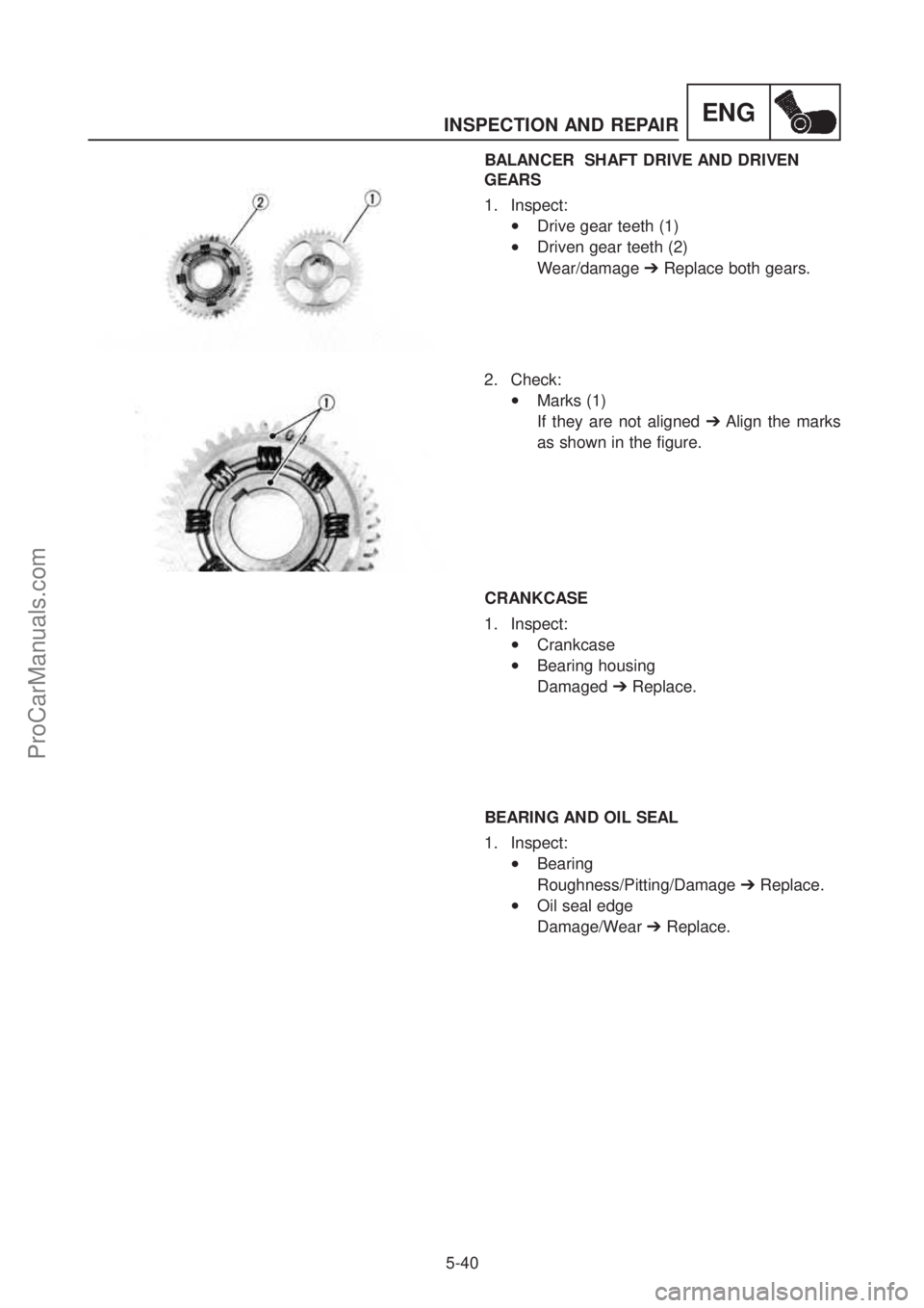 YAMAHA TT600RE 2004  Service Manual INSPECTION AND REPAIR 
5-40
ENG
BALANCER  SHAFT DRIVE AND DRIVEN 
GEARS  
1. Inspect:
•Drive gear teeth (1)
•Driven gear teeth (2)  
Wear/damage   ➔Replace both gears.  
2. Check:
•Marks (1)  