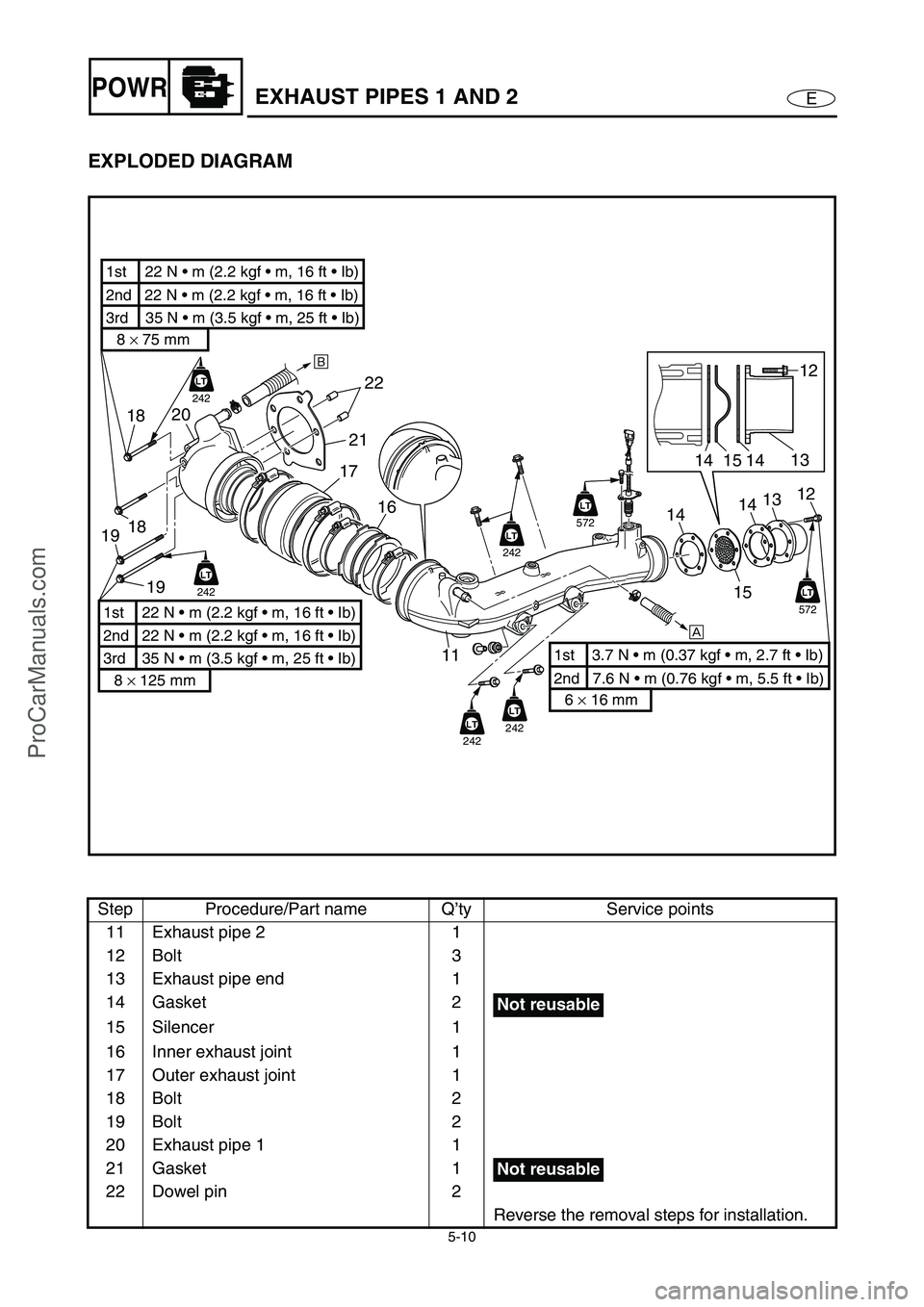 YAMAHA VX110 2005 Service Manual 5-10
EPOWR
EXPLODED DIAGRAM
Step Procedure/Part name Q’ty Service points
11 Exhaust pipe 2 1
12 Bolt 3
13 Exhaust pipe end 1
14 Gasket 2
15 Silencer 1
16 Inner exhaust joint 1
17 Outer exhaust joint YAMAHA VX110 2005 Service Manual 5-10
EPOWR
EXPLODED DIAGRAM
Step Procedure/Part name Q’ty Service points
11 Exhaust pipe 2 1
12 Bolt 3
13 Exhaust pipe end 1
14 Gasket 2
15 Silencer 1
16 Inner exhaust joint 1
17 Outer exhaust joint