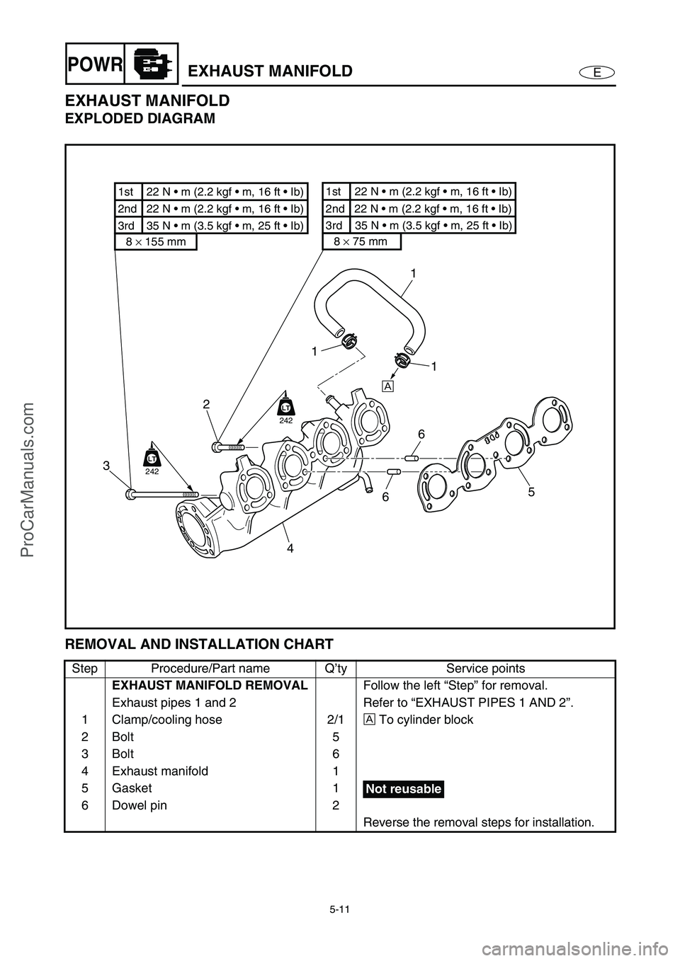 YAMAHA VX110 2005 Owners Manual 5-11
EPOWREXHAUST MANIFOLD
EXHAUST MANIFOLD
EXPLODED DIAGRAM
REMOVAL AND INSTALLATION CHART
Step Procedure/Part name Q’ty Service points
EXHAUST MANIFOLD REMOVAL
Follow the left “Step” for remov YAMAHA VX110 2005 Owners Manual 5-11
EPOWREXHAUST MANIFOLD
EXHAUST MANIFOLD
EXPLODED DIAGRAM
REMOVAL AND INSTALLATION CHART
Step Procedure/Part name Q’ty Service points
EXHAUST MANIFOLD REMOVAL
Follow the left “Step” for remov