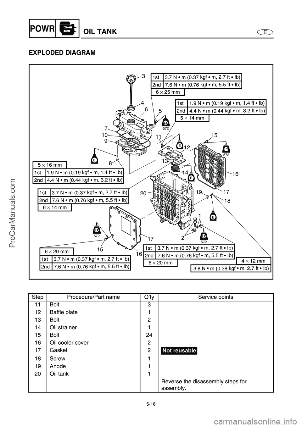 YAMAHA VX110 2005 Service Manual 5-16
EPOWROIL TANK
EXPLODED DIAGRAM
Step Procedure/Part name Q’ty Service points
11 Bolt 3
12 Baffle plate 1
13 Bolt 2
14 Oil strainer 1
15 Bolt 24
16 Oil cooler cover 2
17 Gasket 2
18 Screw 1
19 A YAMAHA VX110 2005 Service Manual 5-16
EPOWROIL TANK
EXPLODED DIAGRAM
Step Procedure/Part name Q’ty Service points
11 Bolt 3
12 Baffle plate 1
13 Bolt 2
14 Oil strainer 1
15 Bolt 24
16 Oil cooler cover 2
17 Gasket 2
18 Screw 1
19 A