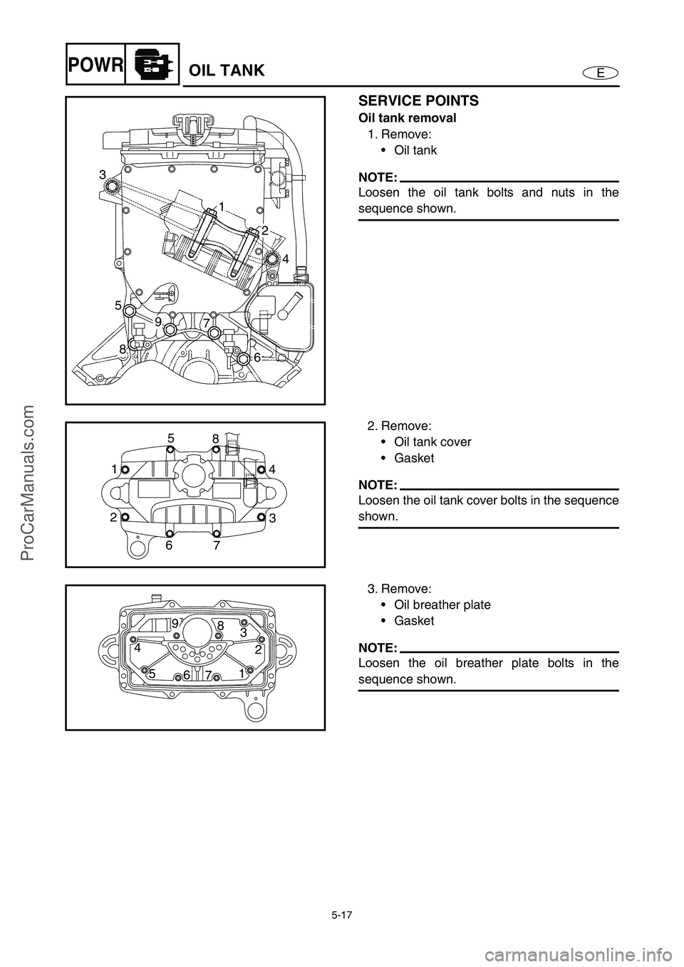 YAMAHA VX110 2005 Service Manual 5-17
EPOWROIL TANK
SERVICE POINTS
Oil tank removal
1. Remove:
Oil tank
NOTE:
Loosen the oil tank bolts and nuts in the
sequence shown.
3
5
9
7
64 2 1
8
2. Remove:
Oil tank cover
Gasket
NOTE:
Loosen YAMAHA VX110 2005 Service Manual 5-17
EPOWROIL TANK
SERVICE POINTS
Oil tank removal
1. Remove:
Oil tank
NOTE:
Loosen the oil tank bolts and nuts in the
sequence shown.
3
5
9
7
64 2 1
8
2. Remove:
Oil tank cover
Gasket
NOTE:
Loosen