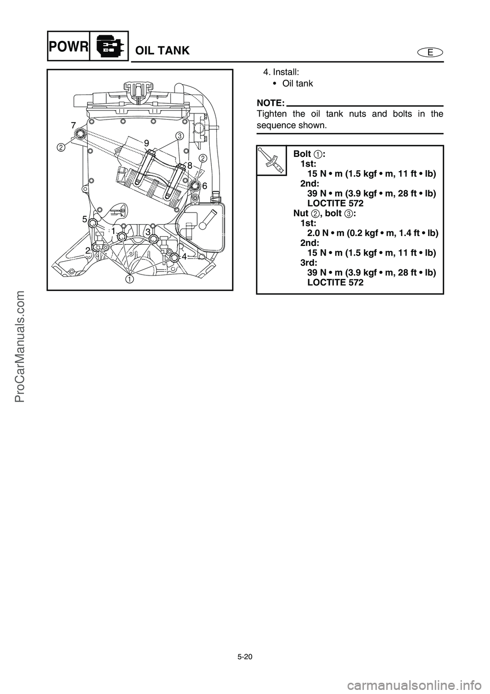 YAMAHA VX110 2005 Service Manual 5-20
EPOWROIL TANK
4. Install:
Oil tank
NOTE:
Tighten the oil tank nuts and bolts in the
sequence shown.
T R..
Bolt
1:
1st:
15 N m (1.5 kgf m, 11 ft lb)
2nd:
39 N m (3.9 kgf m, 28 ft lb) YAMAHA VX110 2005 Service Manual 5-20
EPOWROIL TANK
4. Install:
Oil tank
NOTE:
Tighten the oil tank nuts and bolts in the
sequence shown.
T R..
Bolt
1:
1st:
15 N m (1.5 kgf m, 11 ft lb)
2nd:
39 N m (3.9 kgf m, 28 ft lb)