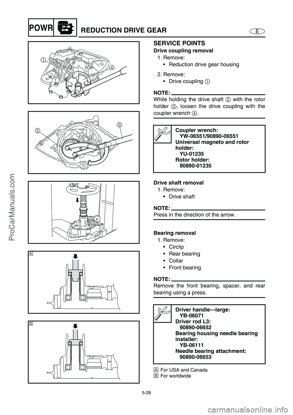YAMAHA VX110 2005  Service Manual 5-28
EPOWRREDUCTION DRIVE GEAR
SERVICE POINTS
Drive coupling removal
1. Remove:
Reduction drive gear housing
2. Remove:
Drive coupling 1
 
NOTE:
While holding the drive shaft 2
 with the rotor
holde