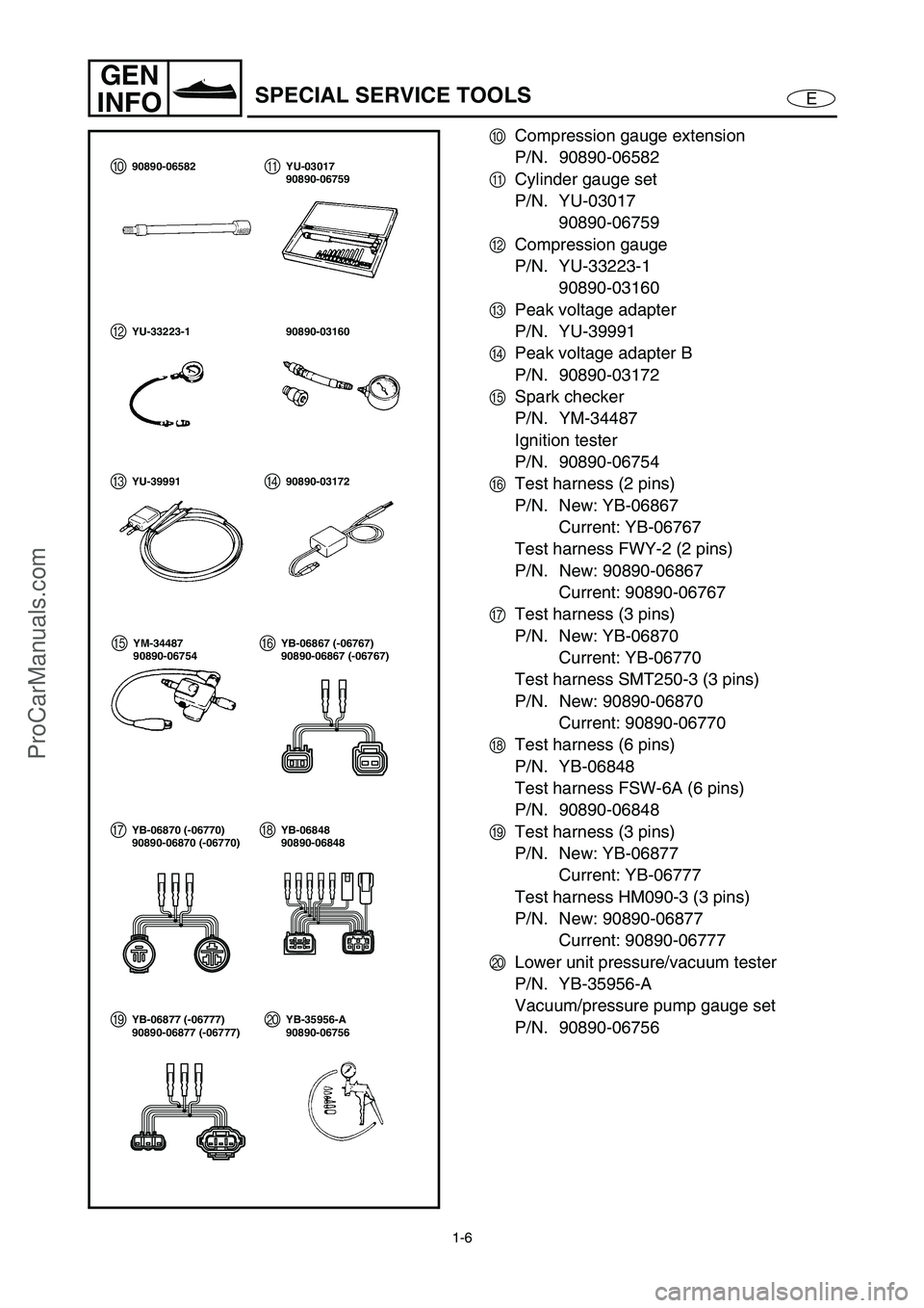 YAMAHA VX110 2005 User Guide 1-6
E
GEN
INFO
SPECIAL SERVICE TOOLS
0
Compression gauge extension
P/N. 90890-06582
A
Cylinder gauge set
P/N. YU-03017
90890-06759
B
Compression gauge
P/N. YU-33223-1
90890-03160
C
Peak voltage adapte YAMAHA VX110 2005 User Guide 1-6
E
GEN
INFO
SPECIAL SERVICE TOOLS
0
Compression gauge extension
P/N. 90890-06582
A
Cylinder gauge set
P/N. YU-03017
90890-06759
B
Compression gauge
P/N. YU-33223-1
90890-03160
C
Peak voltage adapte