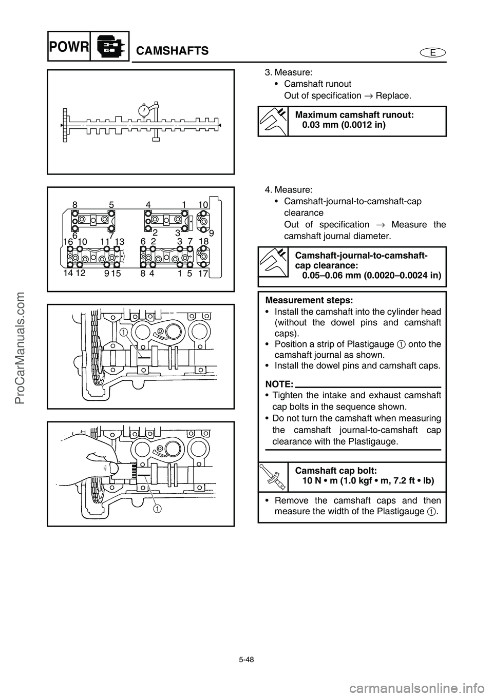 YAMAHA VX110 2005 Service Manual 5-48
EPOWRCAMSHAFTS
3. Measure:
Camshaft runout
Out of specification →
Replace.
Maximum camshaft runout:
0.03 mm (0.0012 in)
4. Measure:
Camshaft-journal-to-camshaft-cap
clearance
Out of specifi YAMAHA VX110 2005 Service Manual 5-48
EPOWRCAMSHAFTS
3. Measure:
Camshaft runout
Out of specification →
Replace.
Maximum camshaft runout:
0.03 mm (0.0012 in)
4. Measure:
Camshaft-journal-to-camshaft-cap
clearance
Out of specifi