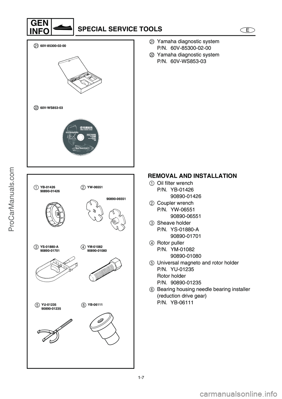 YAMAHA VX110 2005 User Guide 1-7
E
GEN
INFO
SPECIAL SERVICE TOOLS
K
Yamaha diagnostic system
P/N. 60V-85300-02-00
L
Yamaha diagnostic system
P/N. 60V-WS853-03
L
60V-WS853-03
K60V-85300-02-00
REMOVAL AND INSTALLATION
1
Oil filter YAMAHA VX110 2005 User Guide 1-7
E
GEN
INFO
SPECIAL SERVICE TOOLS
K
Yamaha diagnostic system
P/N. 60V-85300-02-00
L
Yamaha diagnostic system
P/N. 60V-WS853-03
L
60V-WS853-03
K60V-85300-02-00
REMOVAL AND INSTALLATION
1
Oil filter