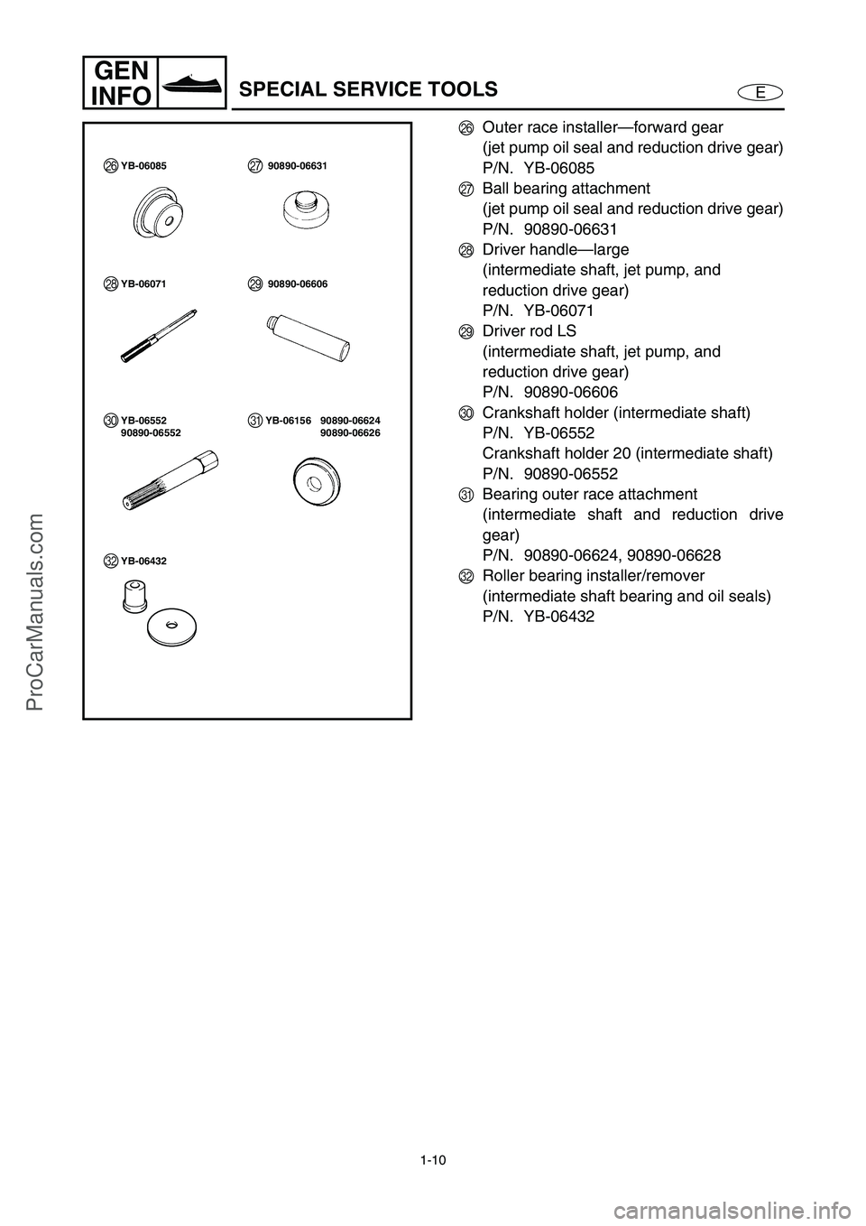 YAMAHA VX110 2005 User Guide 1-10
E
GEN
INFO
SPECIAL SERVICE TOOLS
P
Outer race installer—forward gear
(jet pump oil seal and reduction drive gear)
P/N. YB-06085
Q
Ball bearing attachment
(jet pump oil seal and reduction drive YAMAHA VX110 2005 User Guide 1-10
E
GEN
INFO
SPECIAL SERVICE TOOLS
P
Outer race installer—forward gear
(jet pump oil seal and reduction drive gear)
P/N. YB-06085
Q
Ball bearing attachment
(jet pump oil seal and reduction drive