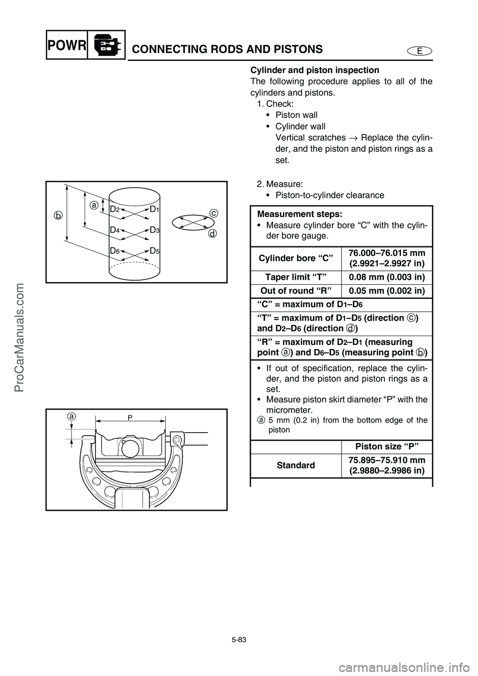 YAMAHA VX110 2005 Service Manual 5-83
EPOWRCONNECTING RODS AND PISTONS
Cylinder and piston inspection
The following procedure applies to all of the
cylinders and pistons.
1. Check:
Piston wall
Cylinder wall
Vertical scratches YAMAHA VX110 2005 Service Manual 5-83
EPOWRCONNECTING RODS AND PISTONS
Cylinder and piston inspection
The following procedure applies to all of the
cylinders and pistons.
1. Check:
Piston wall
Cylinder wall
Vertical scratches