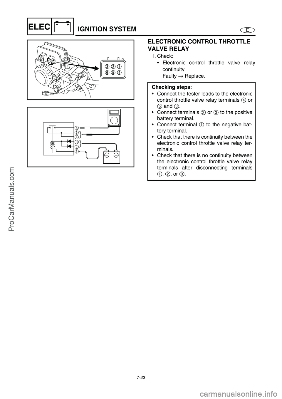 YAMAHA VX110 2005 Owners Manual 7-23
E
–+ELEC
ELECTRONIC CONTROL THROTTLE 
VALVE RELAY
1. Check:
Electronic control throttle valve relay
continuity
Faulty →
 Replace.
Checking steps:
Connect the tester leads to the electronic
