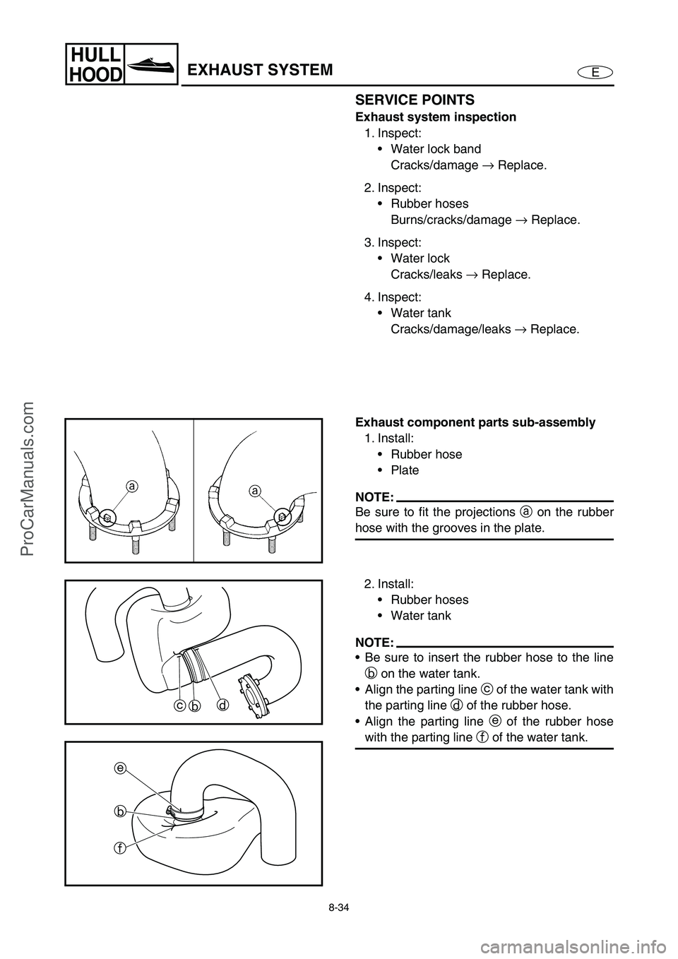 YAMAHA VX110 2005  Service Manual 8-34
E
HULL
HOODEXHAUST SYSTEM
SERVICE POINTS
Exhaust system inspection
1. Inspect:
Water lock band
Cracks/damage →
 Replace.
2. Inspect:
Rubber hoses
Burns/cracks/damage →
 Replace.
3. Inspect: