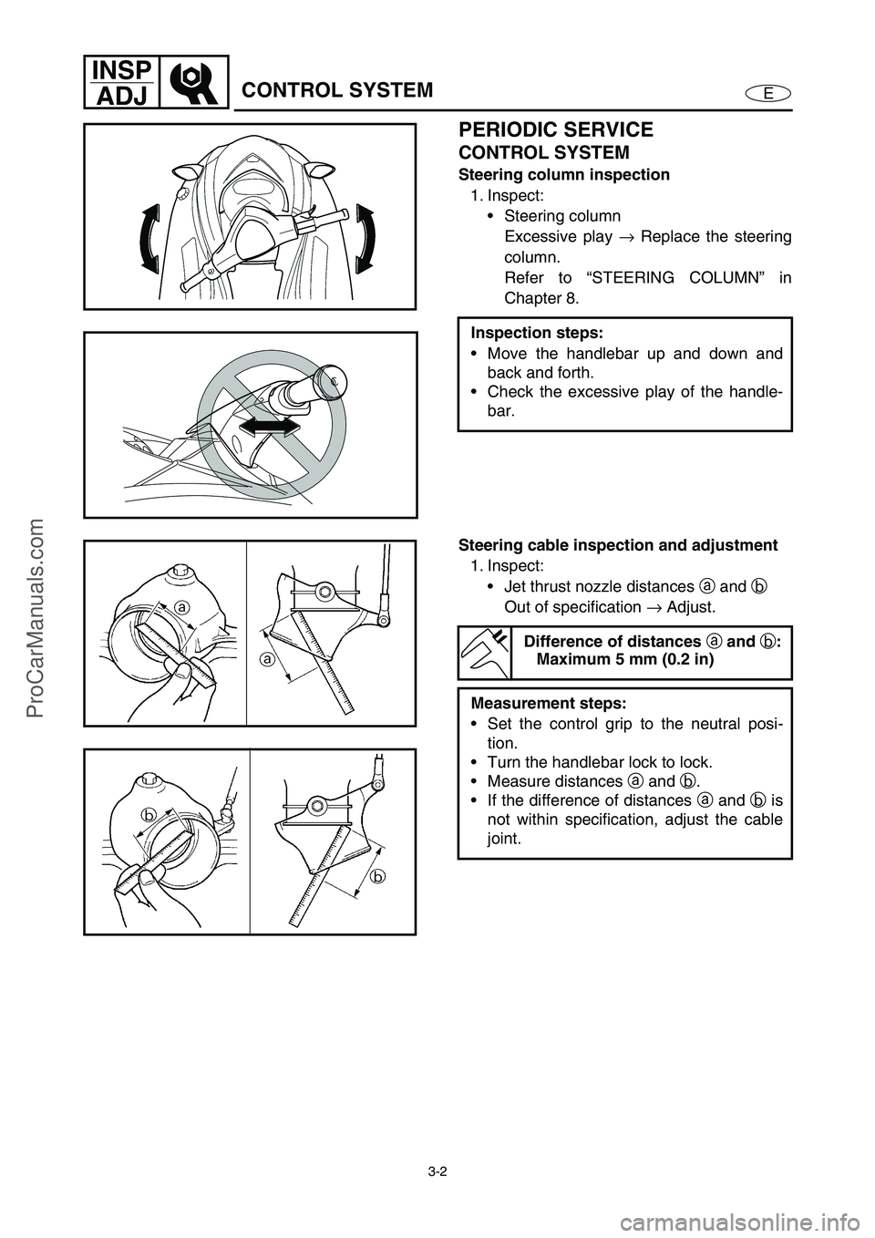 YAMAHA VX110 2005 User Guide 3-2
E
INSP
ADJ
CONTROL SYSTEM
PERIODIC SERVICE
CONTROL SYSTEM
Steering column inspection
1. Inspect:
Steering column
Excessive play →
Replace the steering
column.
Refer to “STEERING COLUMN” in YAMAHA VX110 2005 User Guide 3-2
E
INSP
ADJ
CONTROL SYSTEM
PERIODIC SERVICE
CONTROL SYSTEM
Steering column inspection
1. Inspect:
Steering column
Excessive play →
Replace the steering
column.
Refer to “STEERING COLUMN” in