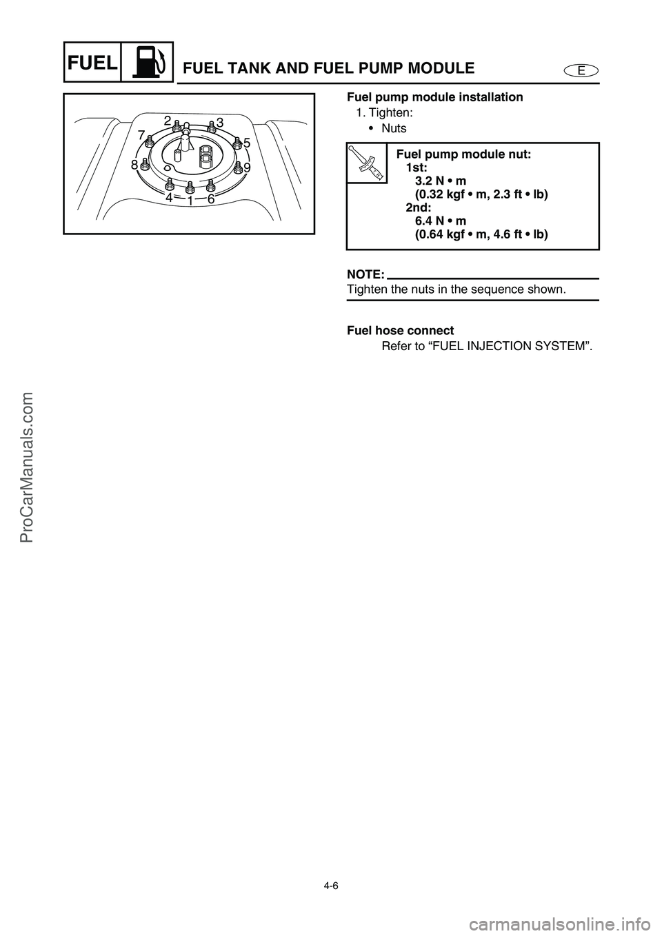 YAMAHA VX110 2005 Manual Online 4-6
EFUEL
Fuel pump module installation
1. Tighten:
Nuts
NOTE:
Tighten the nuts in the sequence shown.
Fuel hose connect
Refer to “FUEL INJECTION SYSTEM”.
T R..
Fuel pump module nut:
1st:
3.2 N YAMAHA VX110 2005 Manual Online 4-6
EFUEL
Fuel pump module installation
1. Tighten:
Nuts
NOTE:
Tighten the nuts in the sequence shown.
Fuel hose connect
Refer to “FUEL INJECTION SYSTEM”.
T R..
Fuel pump module nut:
1st:
3.2 N 