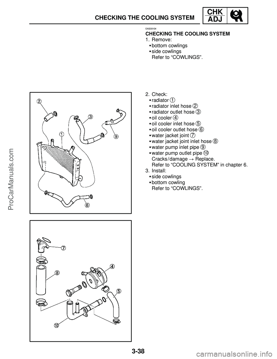YAMAHA YZF-R1SC 2004  Service Manual 3-38
CHECKING THE COOLING SYSTEM
CHK
ADJ
EAS00104
CHECKING THE COOLING SYSTEM
1. Remove:
bottom cowlings
side cowlings
Refer to “COWLINGS”.
2. Check:
radiator 
1
radiator inlet hose 2
radiato