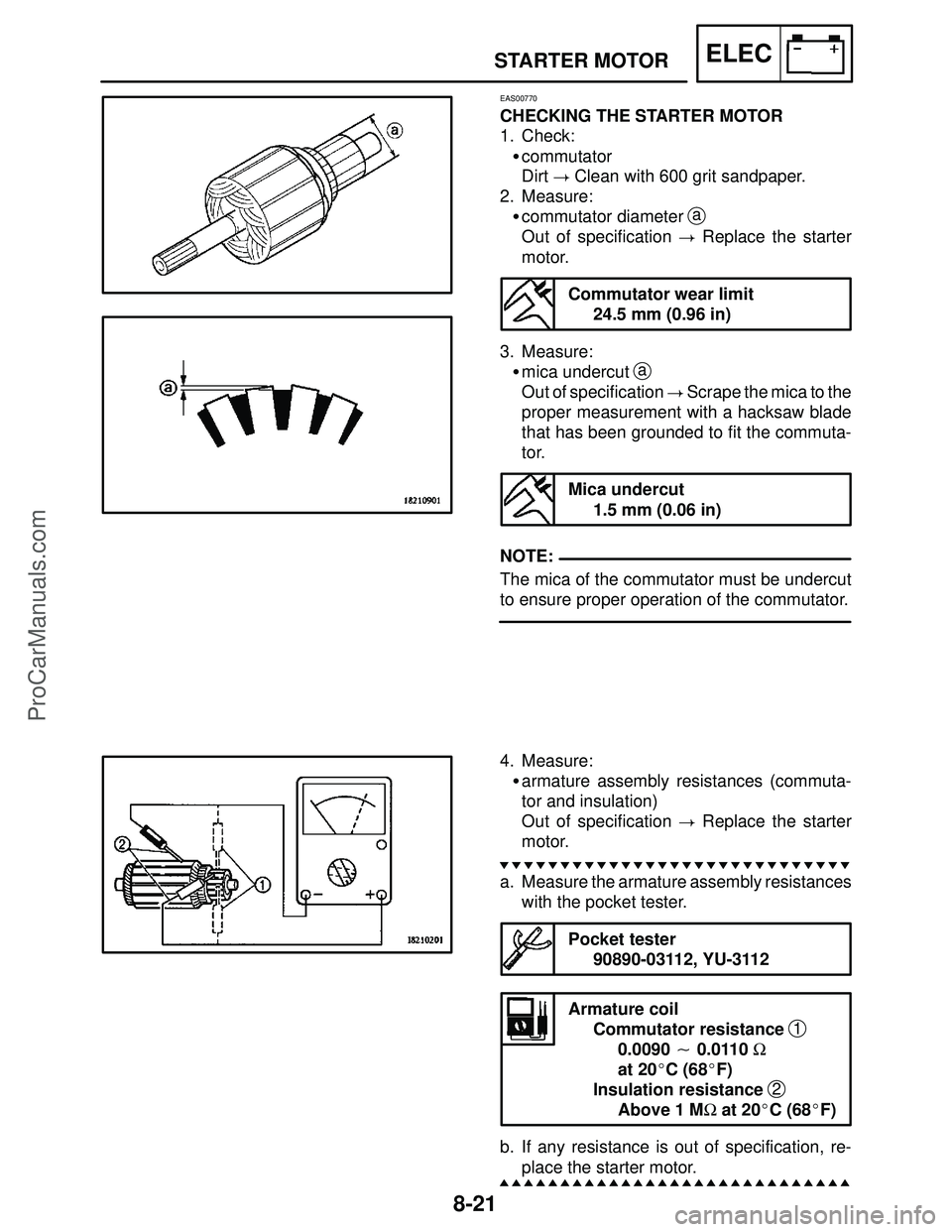 YAMAHA YZF-R1SC 2004  Service Manual 8-21
STARTER MOTORELEC
NOTE:
EAS00770
CHECKING THE STARTER MOTOR
1. Check:
commutator
Dirt  Clean with 600 grit sandpaper.
2. Measure:
commutator diameter 
a
Out of specification  Replace the star