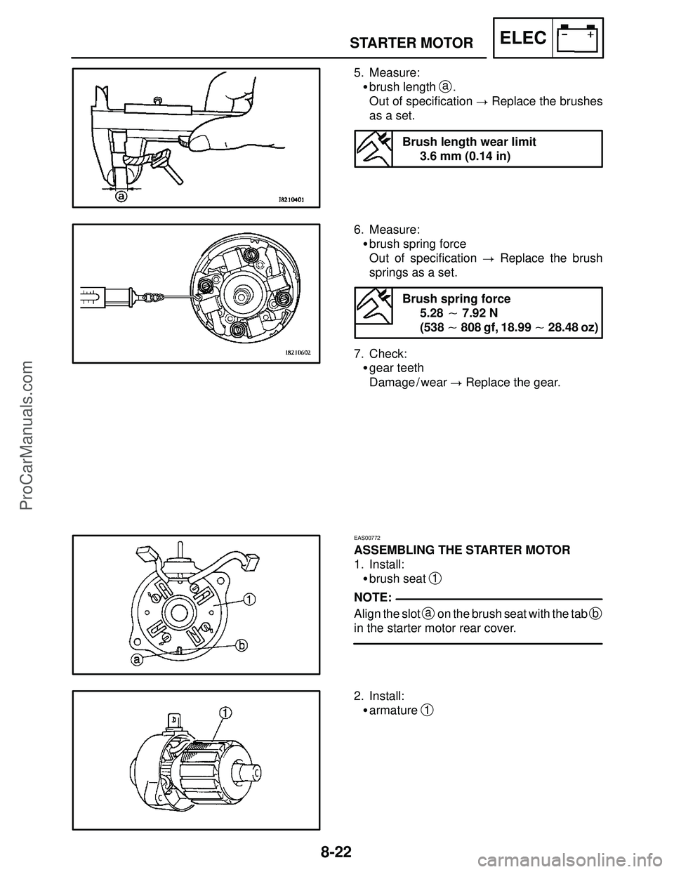 YAMAHA YZF-R1SC 2004 User Guide 8-22
STARTER MOTORELEC
NOTE: 5. Measure:
brush length 
a.
Out of specification  Replace the brushes
as a set.
Brush length wear limit
3.6 mm (0.14 in)
6. Measure:
brush spring force
Out of specific