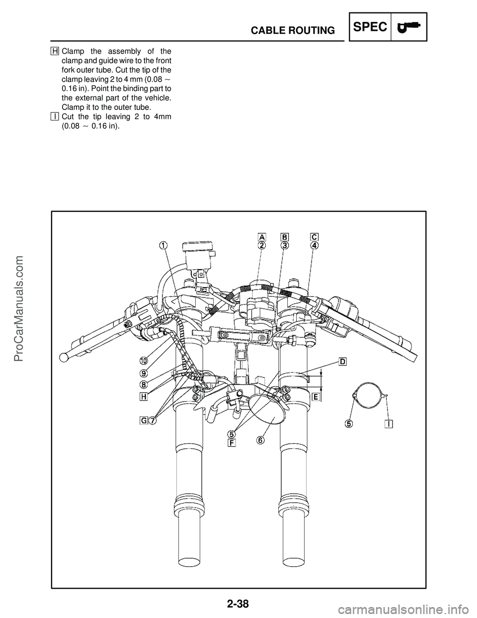 YAMAHA YZF-R1S 2004 Repair Manual 2-38
CABLE ROUTINGSPEC
H Clamp the assembly of the
clamp and guide wire to the front
fork outer tube. Cut the tip of the
clamp leaving 2 to 4 mm (0.08 
0.16 in). Point the binding part to
the externa