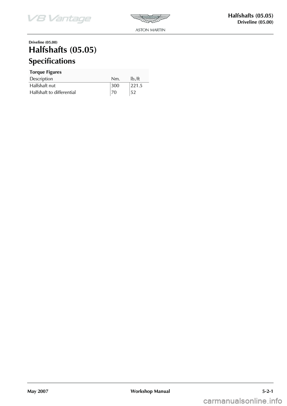 ASTON MARTIN V8 VANTAGE 2010  Workshop Manual Halfshafts (05.05)
Driveline (05.00)
May 2007 Workshop Manual 5-2-1
Driveline (05.00)
Halfshafts (05.05)
Specifications
Torque Figures
DescriptionNm.lb./ft
Halfshaft nut 300 221.5
Halfshaft to differe