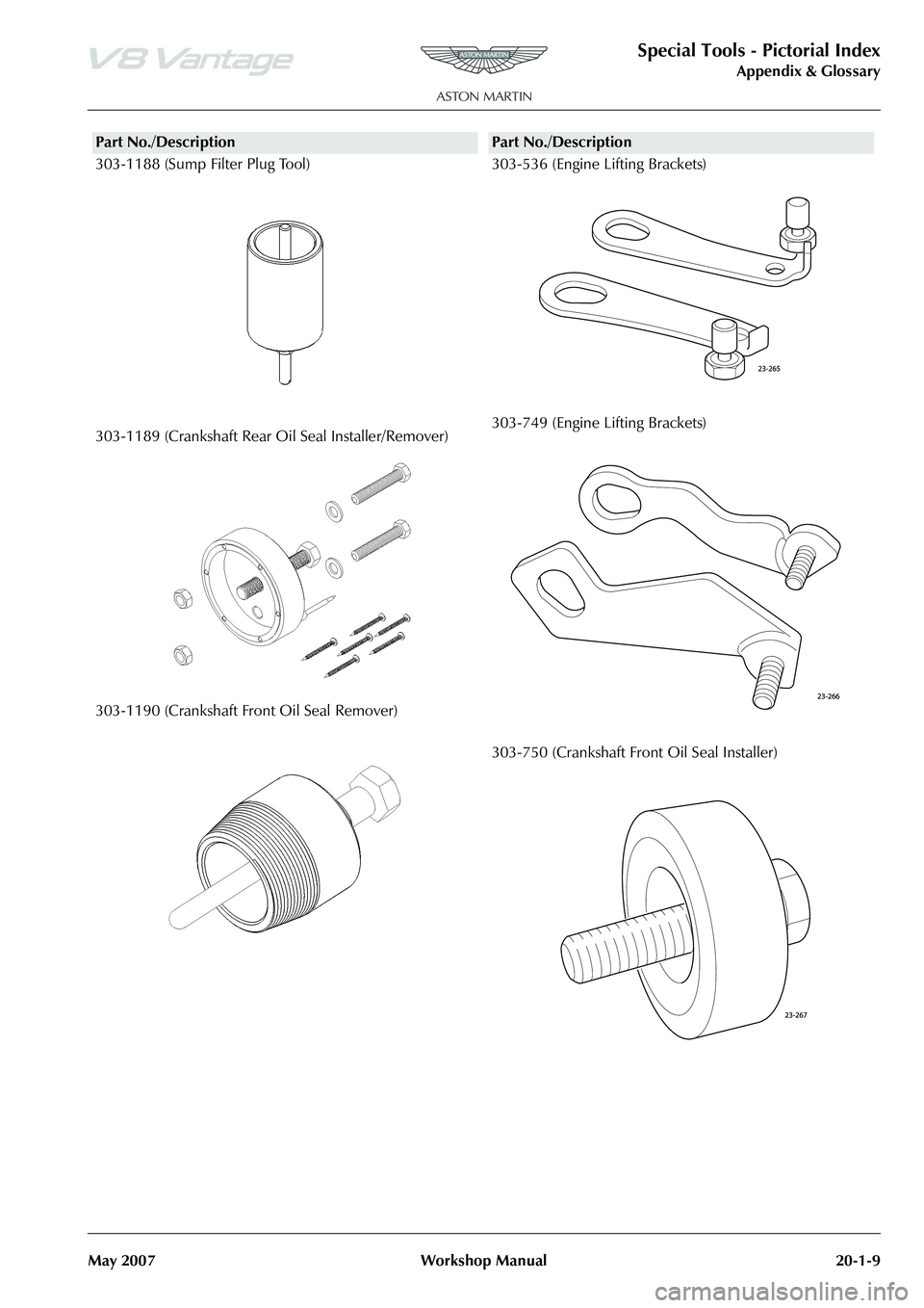 ASTON MARTIN V8 VANTAGE 2010 Workshop Manual Special Tools - Pictorial Index
Appendix & Glossary
May 2007 Workshop Manual 20-1-9
303-1188 (Sump Filter Plug Tool)
303-1189 (Crankshaft Rear Oil Seal Installer/Remover)
303-1190 (Crankshaft Front O ASTON MARTIN V8 VANTAGE 2010 Workshop Manual Special Tools - Pictorial Index
Appendix & Glossary
May 2007 Workshop Manual 20-1-9
303-1188 (Sump Filter Plug Tool)
303-1189 (Crankshaft Rear Oil Seal Installer/Remover)
303-1190 (Crankshaft Front O